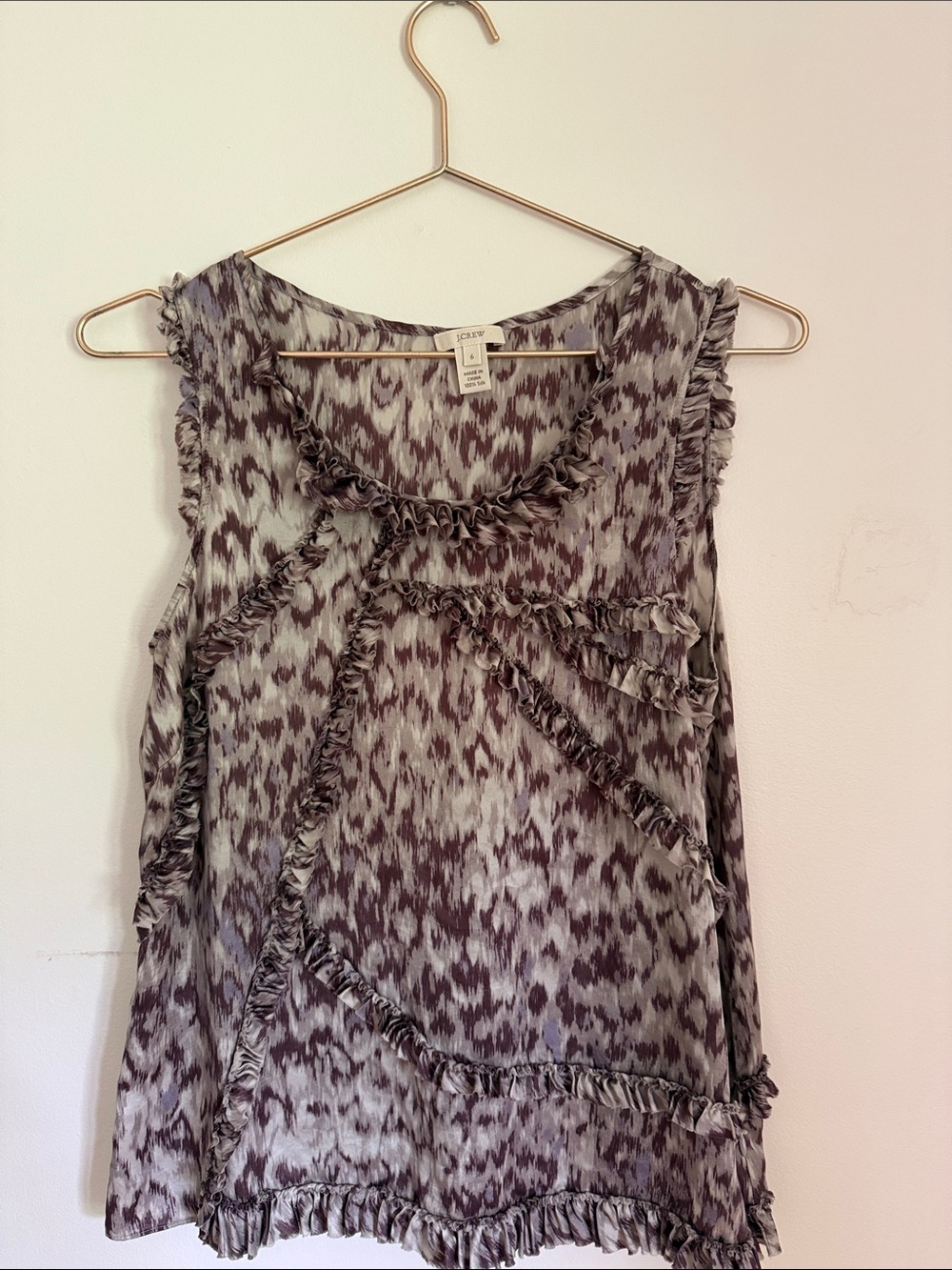 J. Crew Mauve & Cream Printed Ruffle Silk Top